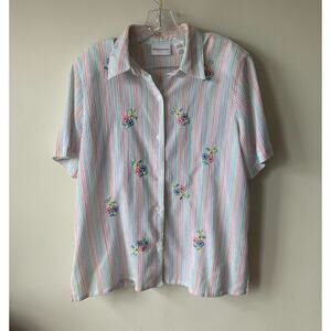 Vintage Striped Button-Down Short-Sleeve Shirt w/ Floral Stitching and Beading